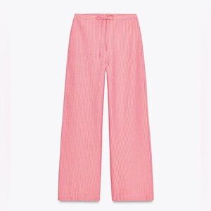 ZARA HIGH RISE WIDE LEG SEERSUCKER STYLE PINSTRIPE PULL ON PANTS Pink Yellow XL